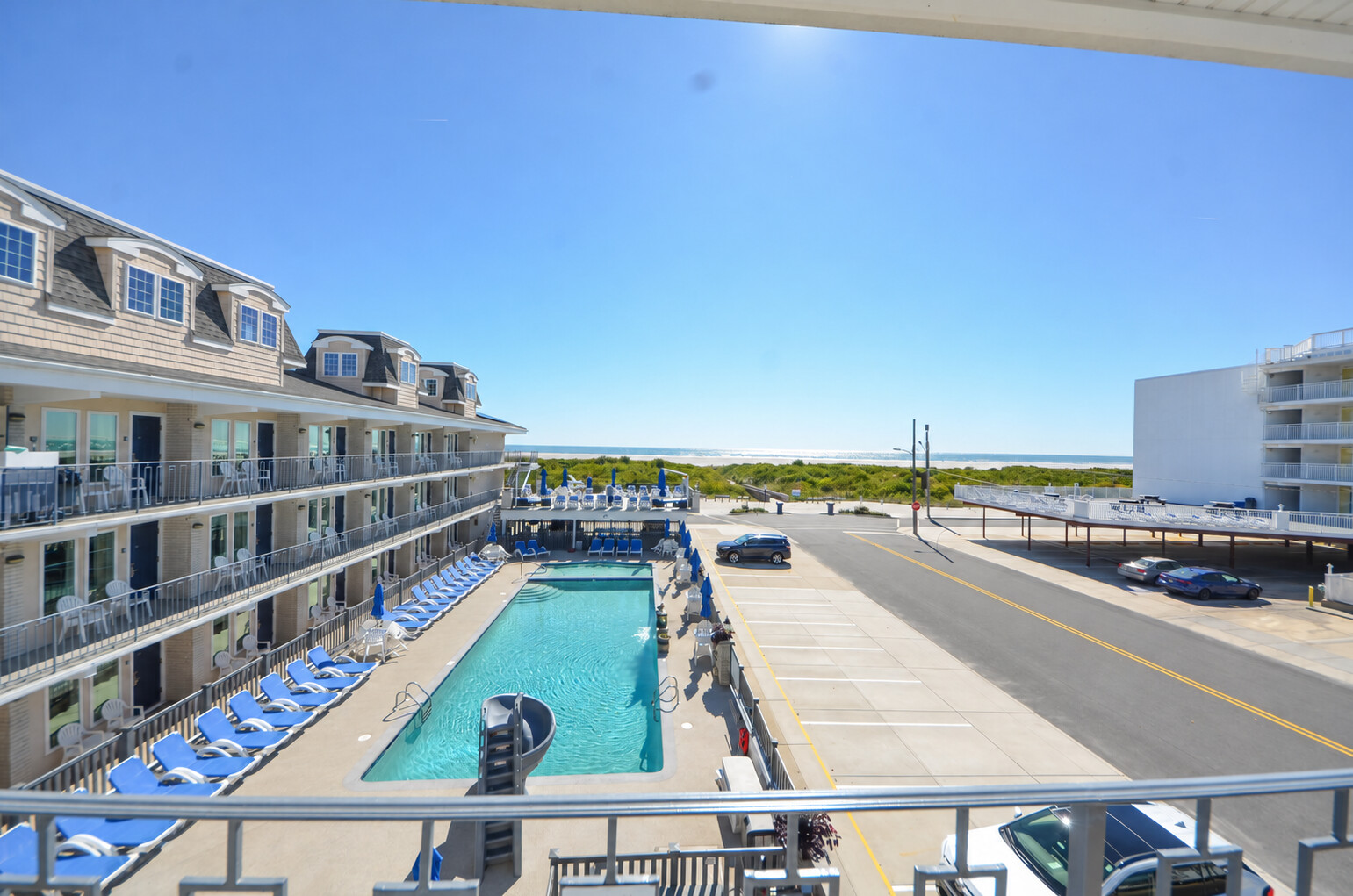 View across the Fleur de Lis pool toward the beach and Atlantic Ocean